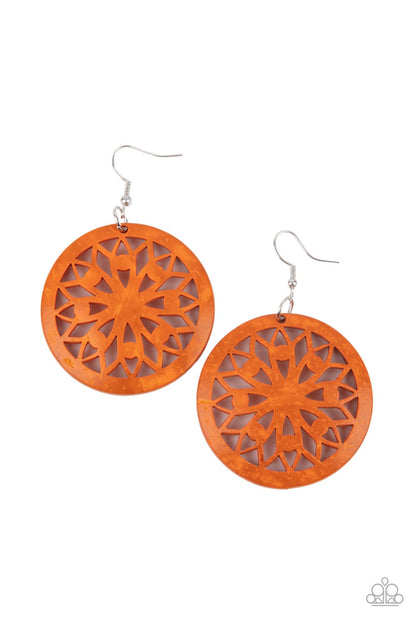 Ocean Canopy - Orange Item #P5SE-OGXX-170XX A bold mandala-inspired design is carved out of an oversized orange disc creating an eye-catching statement. Earring attaches to a standard fishhook fitting.  Sold as one pair of earrings.