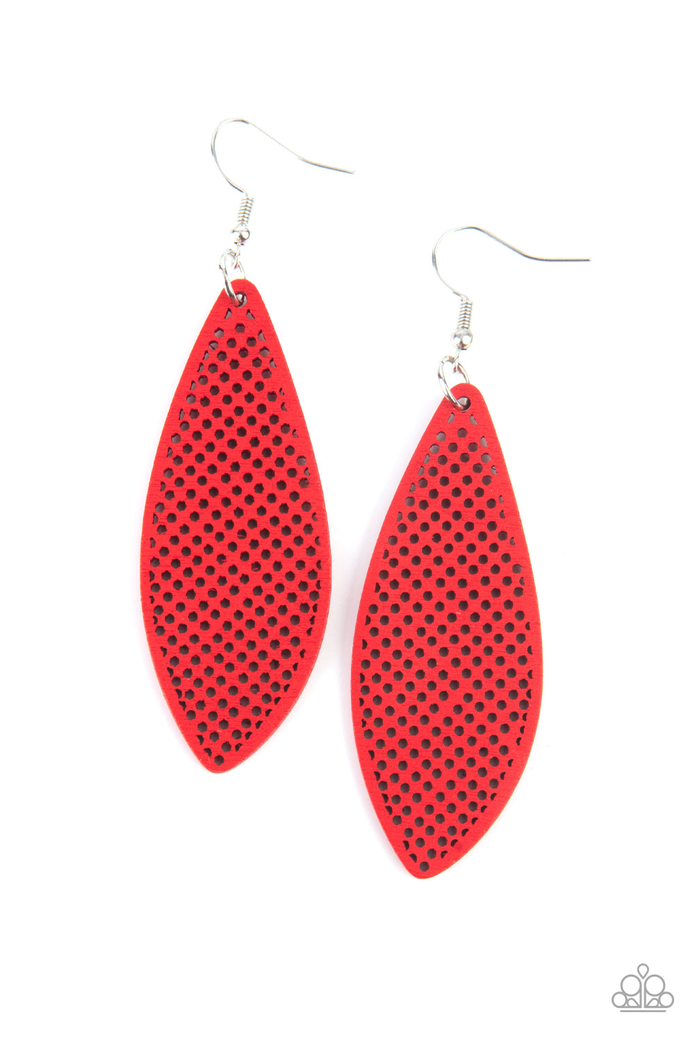 Surf Scene Red Earring - Paparazzi Accessories  In an asymmetrical surfboard-like shape, lightweight wooden frames are painted in a vibrant red finish and filled with a screen-like pattern creating a whimsically beachy design. Earring attaches to a standard fishhook fitting.  All Paparazzi Accessories are lead free and nickel free!  Sold as one pair of earrings.