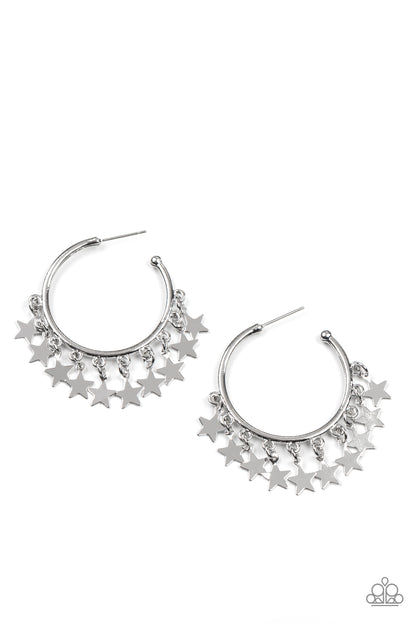Happy Independence Day Silver Hoop Earring - Paparazzi Accessories  A shiny collection of silver star charms trickles from the bottom of a classic silver hoop, creating a stellar fringe. Earring attaches to a standard post fitting. Hoop measures approximately 1 1/4" in diameter.  Sold as one pair of hoop earrings.