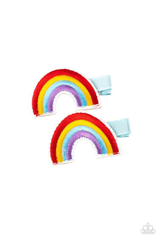 Follow Your Rainbow Multi Hair Clip - Paparazzi Accessories  Red, yellow, blue, and purple threaded rows arc into a magical pair of rainbows. Each rainbow features a standard duck bill hair clip on the back.  Sold as one pair of hair clips.