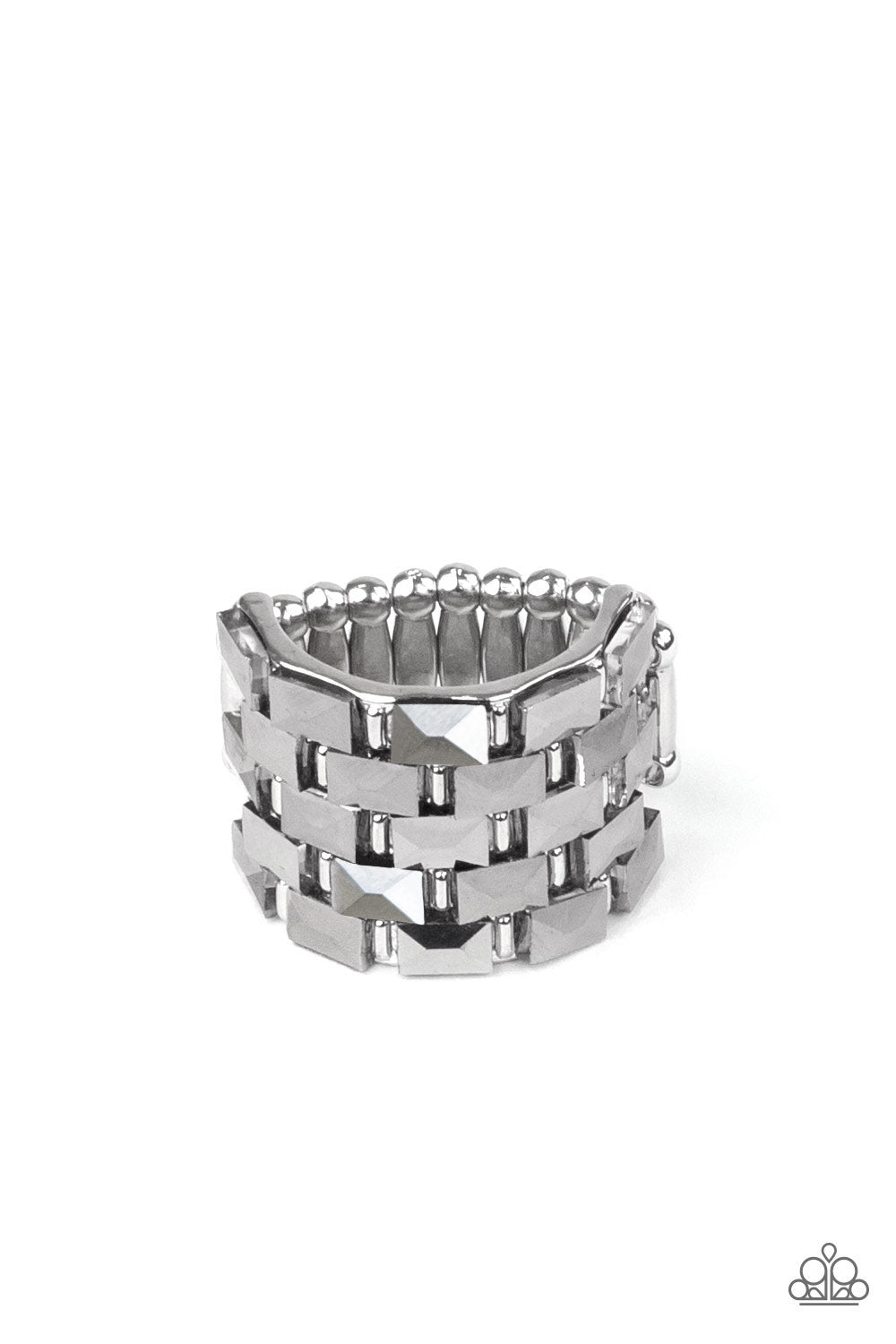 Checkered Couture Silver Ring - Paparazzi Accessories Featuring a flashy faceted surface, staggered rows of rectangular hematite rhinestones alternate with shiny silver bar-like accents across a thick silver band for a gritty-glamorous statement atop the finger. Features a stretchy band for a flexible fit.  All Paparazzi Accessories are lead free and nickel free!  Sold as one individual ring.