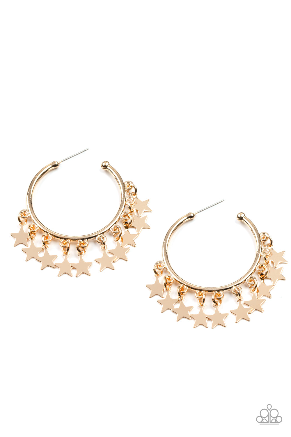 Happy Independence Day Gold Hoop Earring - Paparazzi Accessories  A shiny collection of gold star charms trickles from the bottom of a classic gold hoop, creating a stellar fringe. Earring attaches to a standard post fitting. Hoop measures approximately 1 1/4" in diameter.  Sold as one pair of hoop earrings.