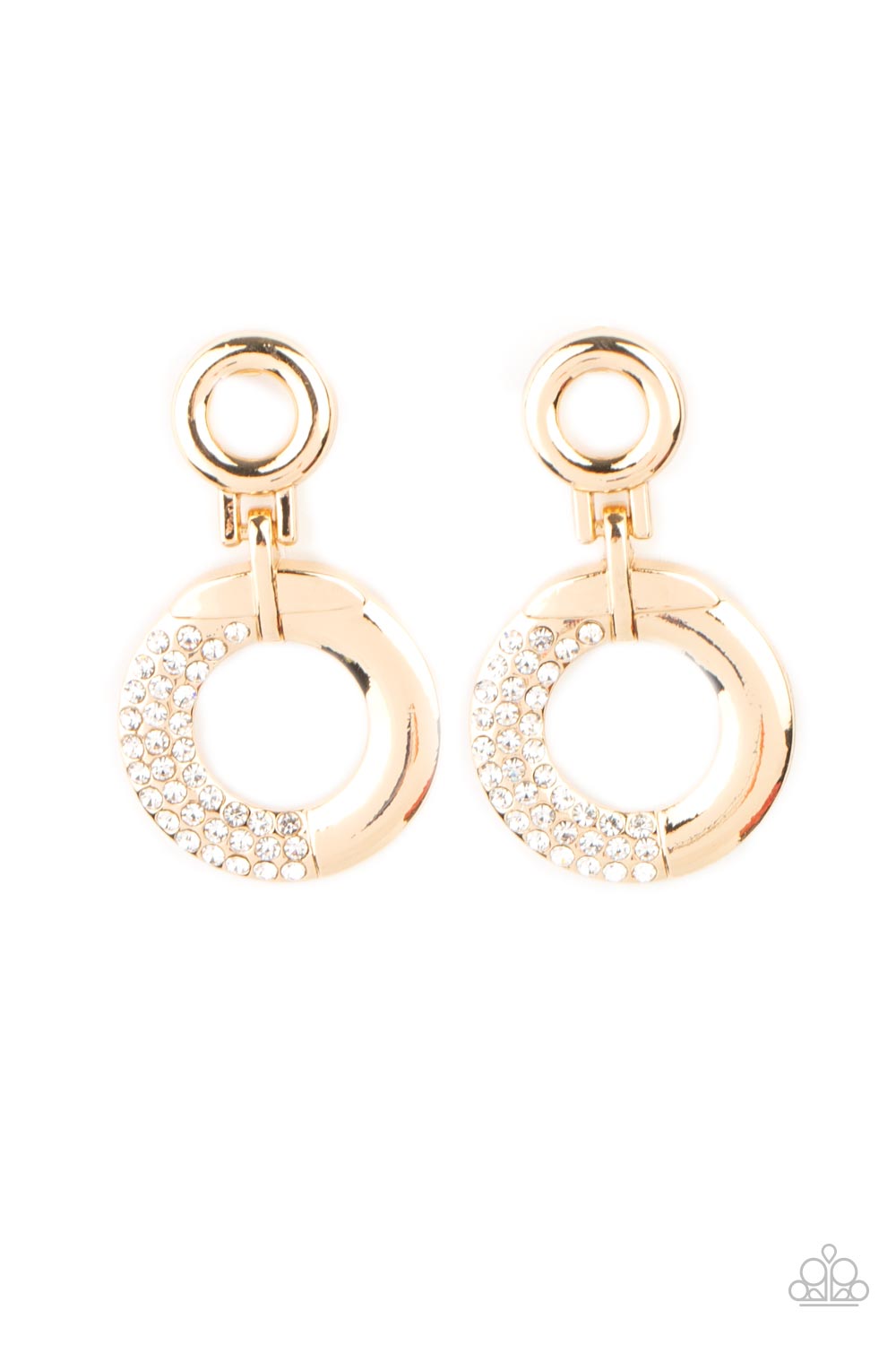Modern Motivation Gold Earring - Paparazzi Accessories  A dainty gold hoop attaches to a shimmery gold ring that is half dipped in glassy white rhinestones, creating a modern look. Earring attaches to a standard post fitting.  Sold as one pair of post earrings.