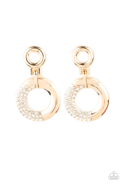 Modern Motivation Gold Earring - Paparazzi Accessories  A dainty gold hoop attaches to a shimmery gold ring that is half dipped in glassy white rhinestones, creating a modern look. Earring attaches to a standard post fitting.  Sold as one pair of post earrings.