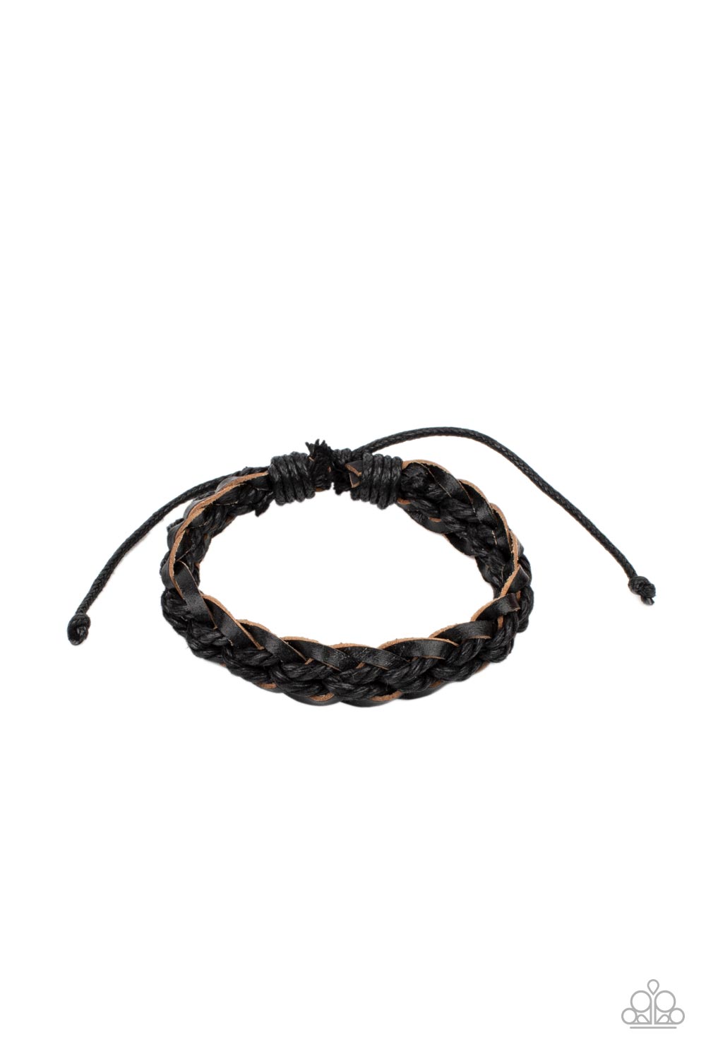 SoCal Scene Black Urban Bracelet - Paparazzi Accessories  Black cording is woven through the center of braided black leather creating a trendy style around the wrist. Features an adjustable sliding knot closure.  All Paparazzi Accessories are lead free and nickel free!  Sold as one individual bracelet.