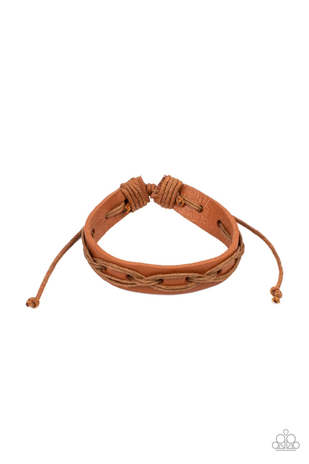 Macho Mystery Brown Urban Bracelet - Paparazzi Accessories  Brown cording is interwoven across the top of a light brown leather band creating an edgy crisscrossed texture around the wrist. Features an adjustable sliding knot closure.  All Paparazzi Accessories are lead free and nickel free!  Sold as one individual bracelet.