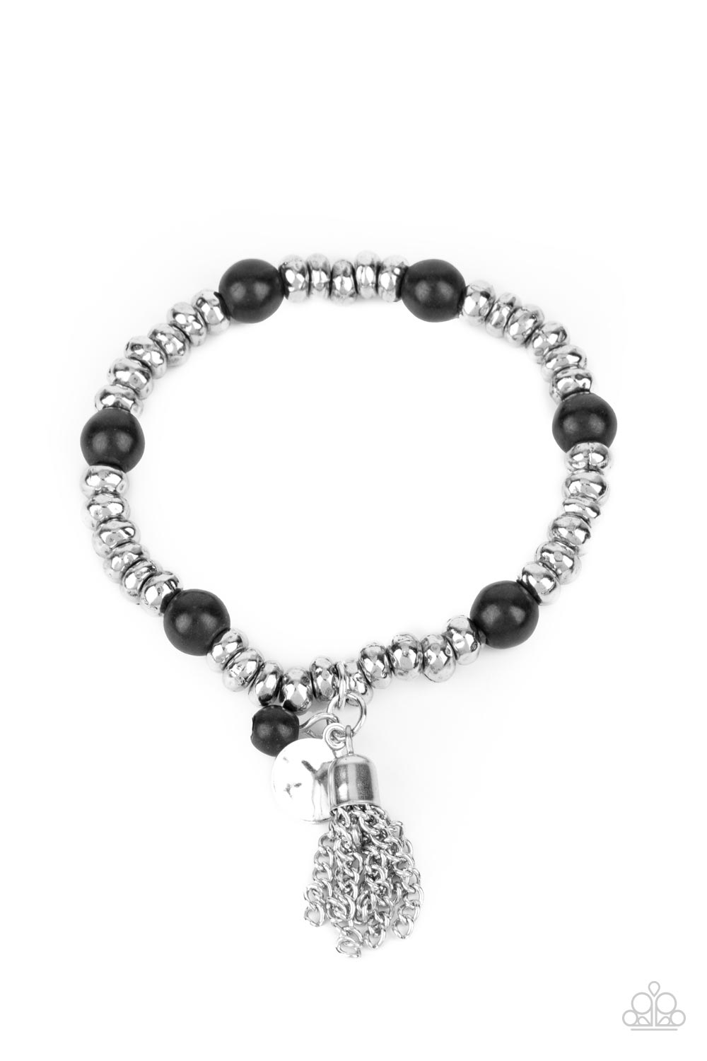 Whimsically Wanderlust Black Bracelet - Paparazzi Accessories  An earthy collection of hammered silver beads and round black stones are threaded along a stretchy band around the wrist. A dainty silver tassel, hammered silver disc, and a black stone swing from the seasonal display, adding playful movement to the whimsy look.  Sold as one individual bracelet.