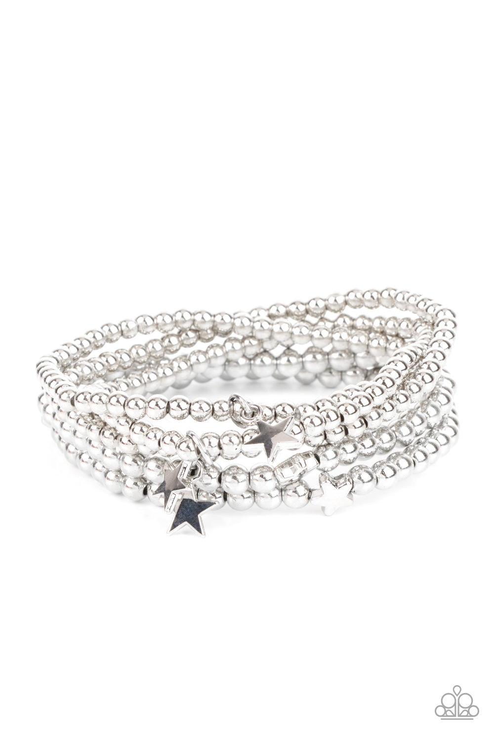 American All-Star Silver Bracelet - Paparazzi Accessories  Infused with dainty silver star beads and shiny silver star charms, strands of silver beaded stretchy bands stack across the wrist, creating a patriotic shimmer.  All Paparazzi Accessories are lead free and nickel free!  Sold as one individual bracelet.