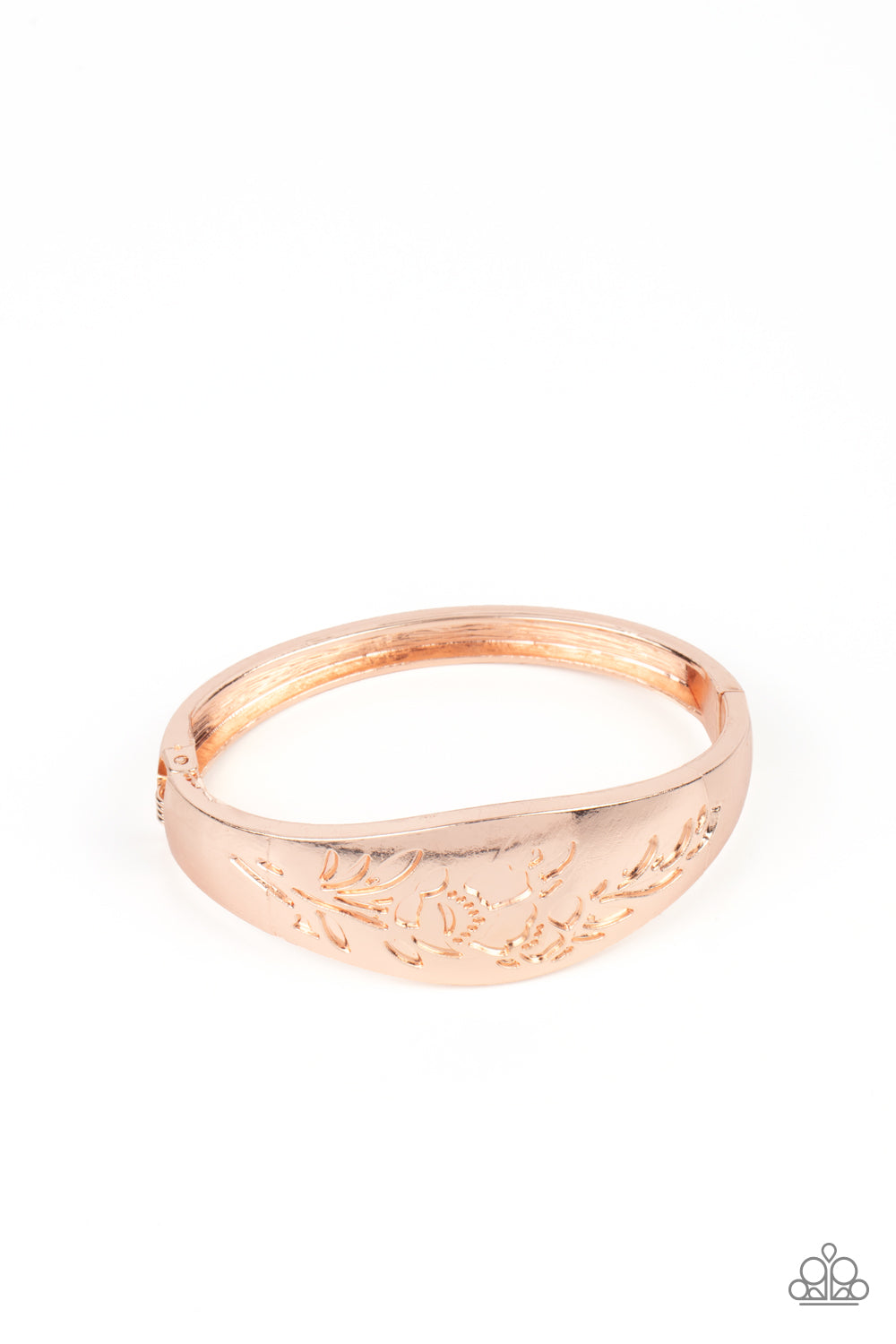 Fond of Florals Rose Gold Bracelet - Paparazzi Accessories  The front of a thick rose gold bangle-like bracelet is stamped in a leafy floral pattern, creating a whimsy centerpiece around the wrist. Features a hinged closure.  All Paparazzi Accessories are lead free and nickel free!  Sold as one individual bracelet.
