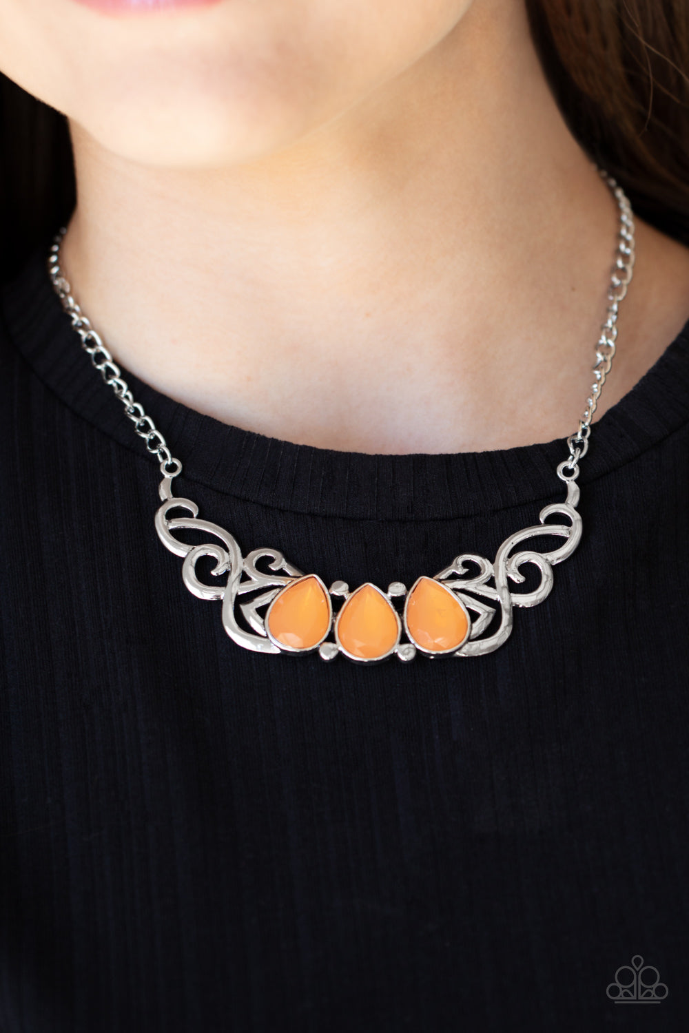 Heavenly Happenstance Orange Necklace - Paparazzi Accessories  Featuring an opaque iridescence, a row of Marigold teardrop beads are pressed into a studded backdrop of vine-like silver filigree, creating a whimsical centerpiece below the collar. Features an adjustable clasp closure.  All Paparazzi Accessories are lead free and nickel free!  Sold as one individual necklace. Includes one pair of matching earrings.