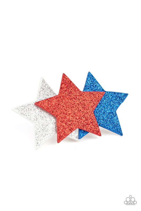Happy Birthday, America Multi Hair Clip - Paparazzi Accessories  Dusted in glittery sparkles, dazzling red, silver, and blue leather stars delicately overlap into a stellar centerpiece for a sparkly patriotic finish. Features a standard hair clip on the back.  Sold as one individual hair clip.