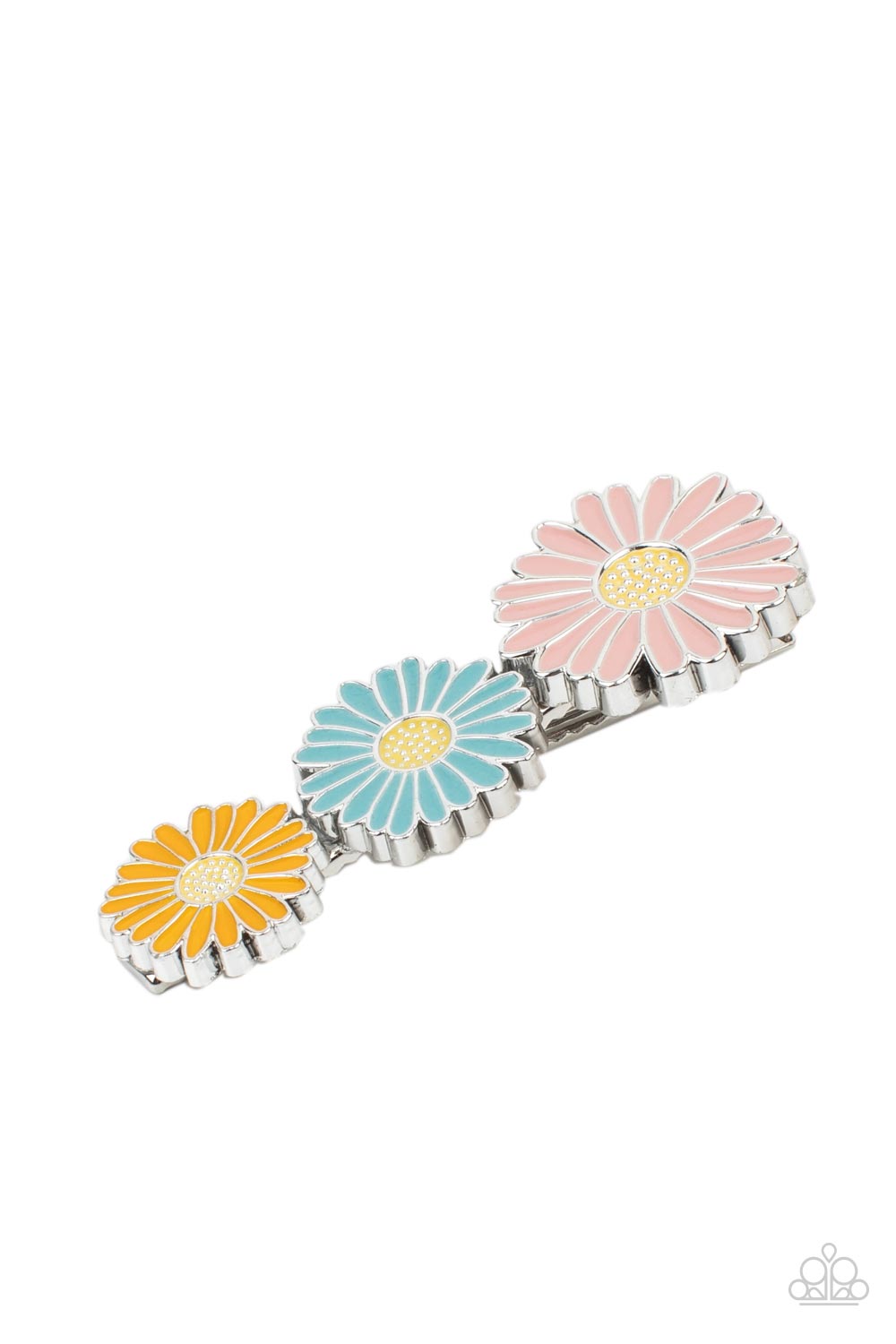 Posy Perfection Multi Hair Clip - Paparazzi Accessories  A trio of brightly colored orange, blue, and pink daisies create a refreshing whimsical nod to spring. Features a standard hair clip on the back.  Sold as one individual hair clip.