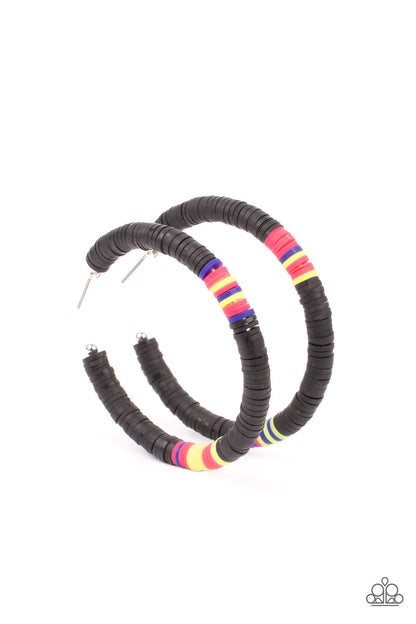 Colorfully Contagious Black Hoop Earring - Paparazzi Accessories  Rubbery black, pink, blue, and yellow bands are threaded along an oversized silver hoop, creating a courageous pop of color. Earring attaches to a standard post fitting. Hoop measures approximately 2 1/4" in diameter.  All Paparazzi Accessories are lead free and nickel free!  Sold as one pair of hoop earrings.