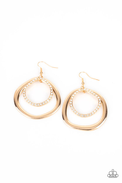 Spinning With Sass - Gold Item #P5IN-GDXX-051XX Featuring edgy asymmetrical shapes, a white rhinestone encrusted gold ring links to the top of a flattened gold ring, connecting into a smoldering lure. Earring attaches to a standard fishhook fitting.  Sold as one pair of earrings.