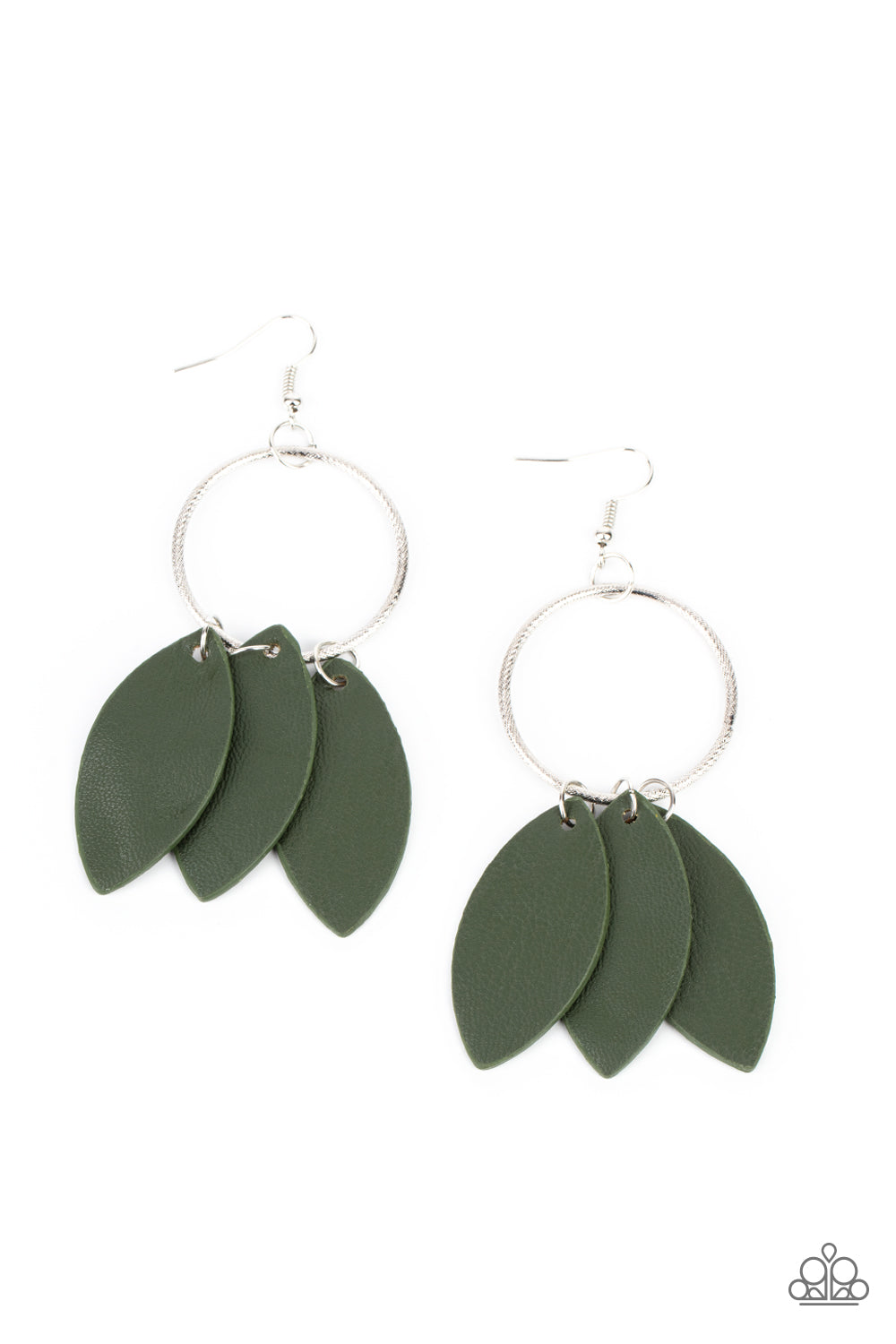 Leafy Laguna Green Earring - Paparazzi Accessories  Leafy green leather frames swing from the bottom of a textured silver hoop, creating an earthy fringe. Earring attaches to a standard fishhook fitting.  All Paparazzi Accessories are lead free and nickel free!  Sold as one pair of earrings.