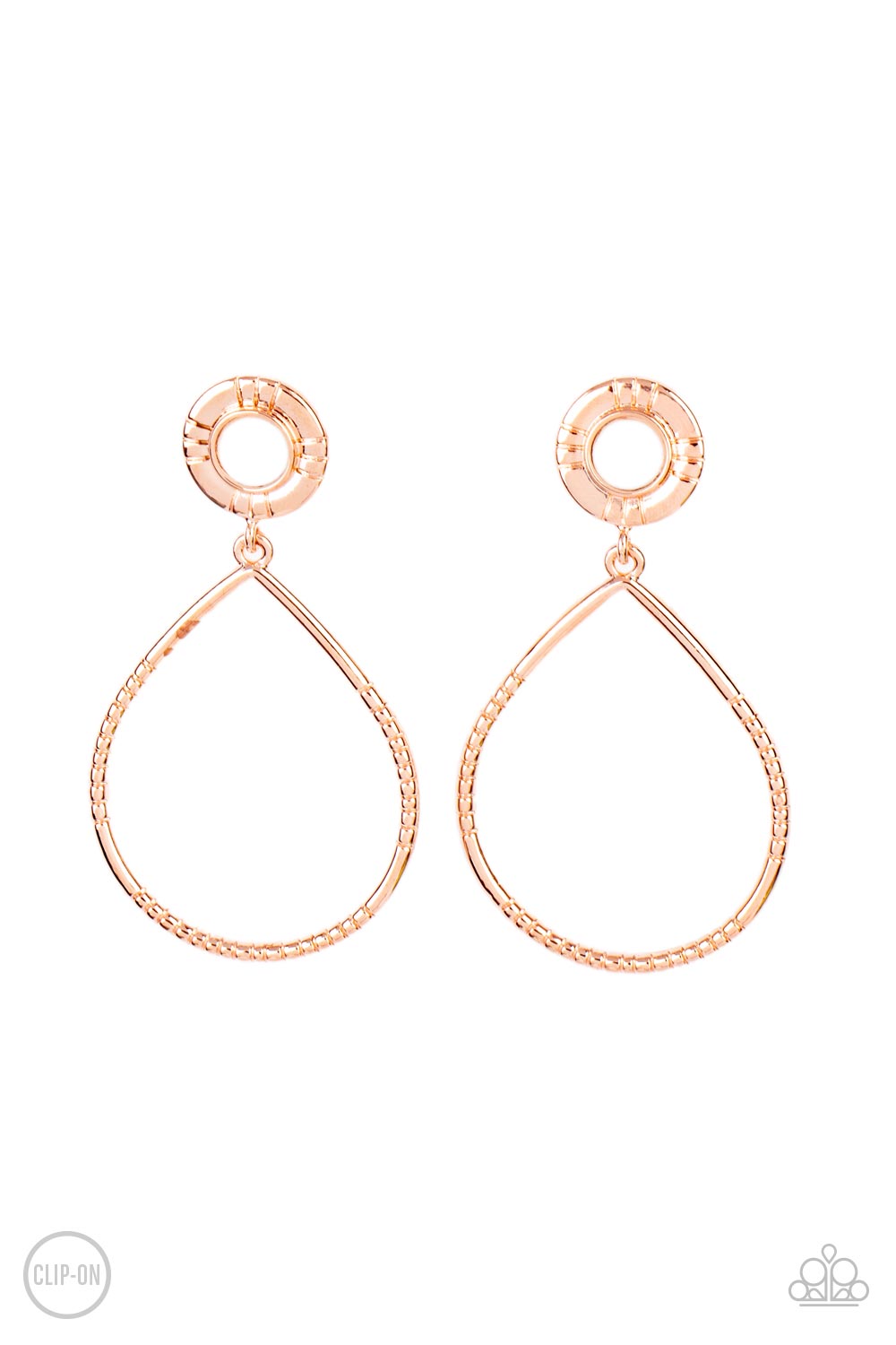 Fairytale Finish Copper Clip-On Earring - Paparazzi Accessories  A milky white bead is pressed into the center of a textured shiny copper fitting that attaches to an oversized textured shiny copper teardrop, creating an ethereal lure. Earring attaches to a standard clip-on earring.  Sold as one pair of clip-on earrings.