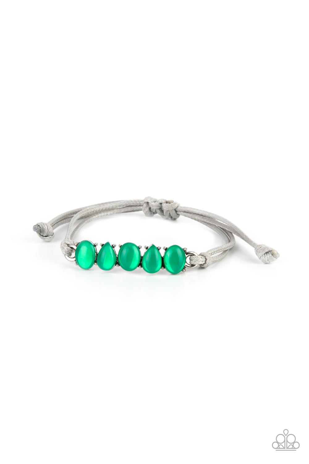 Opal Paradise Green Urban Bracelet - Paparazzi Accessories  Featuring silver pronged fittings, a row of oval and teardrop opal Mint beads delicately connects into a solitaire frame. The ethereal centerpiece is knotted in place with rows of shiny gray cording, creating a whimsically urban display around the wrist. Features an adjustable sliding knot closure.  Sold as one individual bracelet.