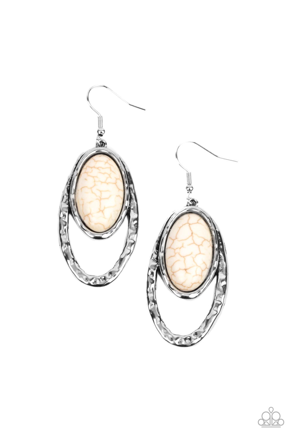 Pasture Paradise White Earring - Paparazzi Accessories  An oval white stone is pressed into a hammered silver fitting that attaches to the top of a hammered silver oval frame, creating a rustic lure. Earring attaches to a standard fishhook fitting.  All Paparazzi Accessories are lead free and nickel free!  Sold as one pair of earrings.
