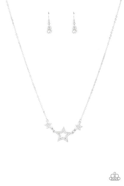 United We Sparkle White Necklace - Paparazzi Accessories  A white rhinestone encrusted silver star is flanked by two dainty white rhinestone encrusted silver stars, creating a sparkly patriotic pendant below the collar. Features an adjustable clasp closure.  Sold as one individual necklace. Includes one pair of matching earrings.