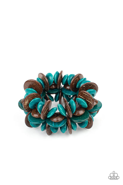 Caribbean Canopy Blue Bracelet - Paparazzi Accessories  A collection of turquoise and brown disc-shaped wooden beads are threaded along stretchy bands creating a tropical island vibe around the wrist.  Sold as one individual bracelet.