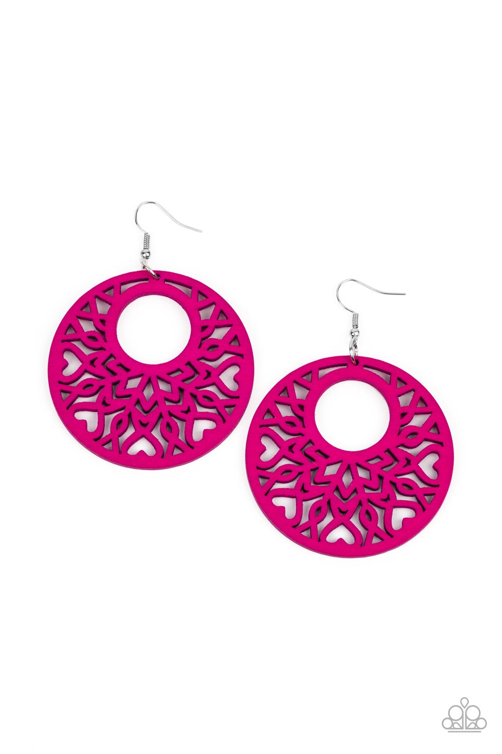 Tropical Reef Pink Wooden Earring - Paparazzi Accessories  Painted in a vibrant pink, an airy circular wooden frame features a cut-out heart motif reminiscent of bohemian designs creating a free-spirited allure. Earring attaches to a standard fishhook fitting.  Sold as one pair of earrings.