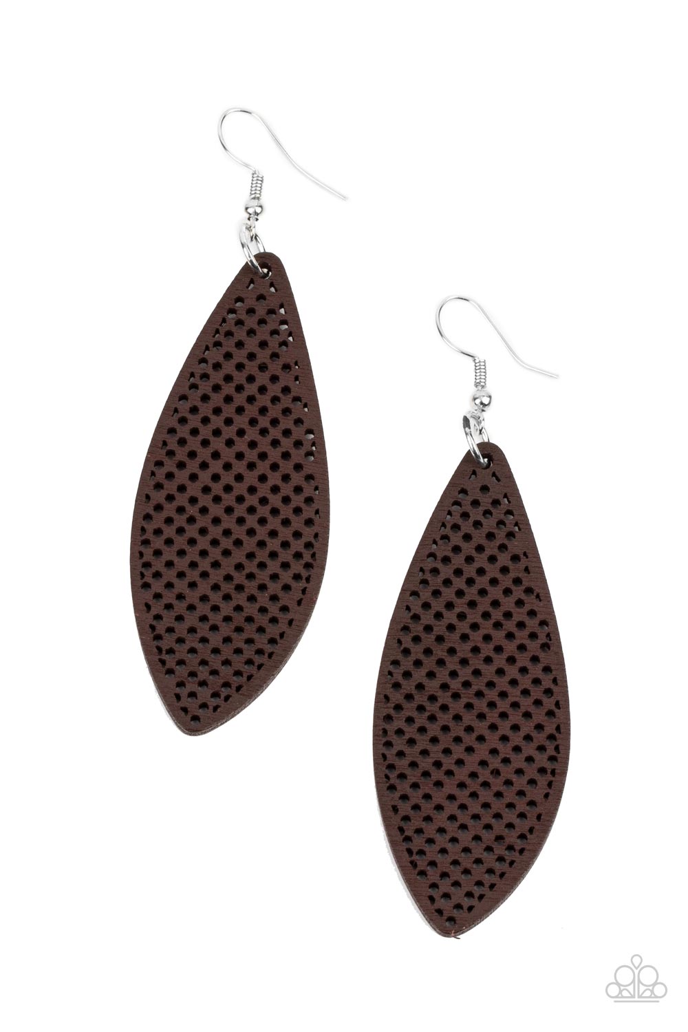 Surf Scene Brown Wooden Earring - Paparazzi Accessories  In an asymmetrical surfboard-like shape, lightweight wooden frames are painted in a deep brown finish and filled with a screen-like pattern creating a whimsically beachy design. Earring attaches to a standard fishhook fitting.  All Paparazzi Accessories are lead free and nickel free!  Sold as one pair of earrings.