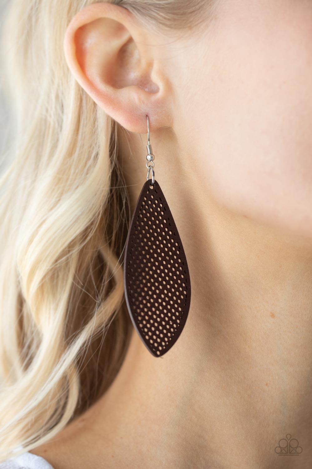Surf Scene Brown Wooden Earring - Paparazzi Accessories  In an asymmetrical surfboard-like shape, lightweight wooden frames are painted in a deep brown finish and filled with a screen-like pattern creating a whimsically beachy design. Earring attaches to a standard fishhook fitting.  All Paparazzi Accessories are lead free and nickel free!  Sold as one pair of earrings.
