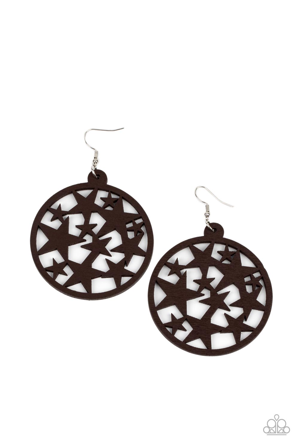 Cosmic Paradise Brown Wooden Earring - Paparazzi Accessories  An oversized round brown wooden frame is filled with a cosmos of cut-out brown stars creating a whimsical statement. Earring attaches to a standard fishhook fitting.  Sold as one pair of earrings.