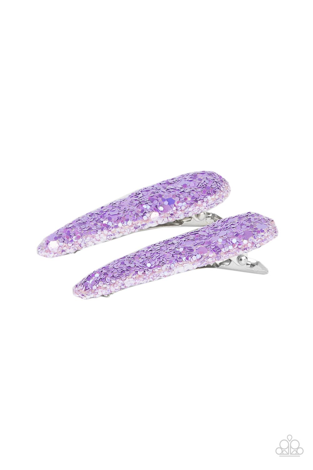 Sugar Plum Sparkle Purple Hair Clip - Paparazzi Accessories Item #P7SS-PRXX-124XX Dusted in dainty purple sparkles, a glittery pair of puffy hair clips pins back the hair for a fairytale finish. Features standard hair clips on the back.  Sold as one pair of hair clips.