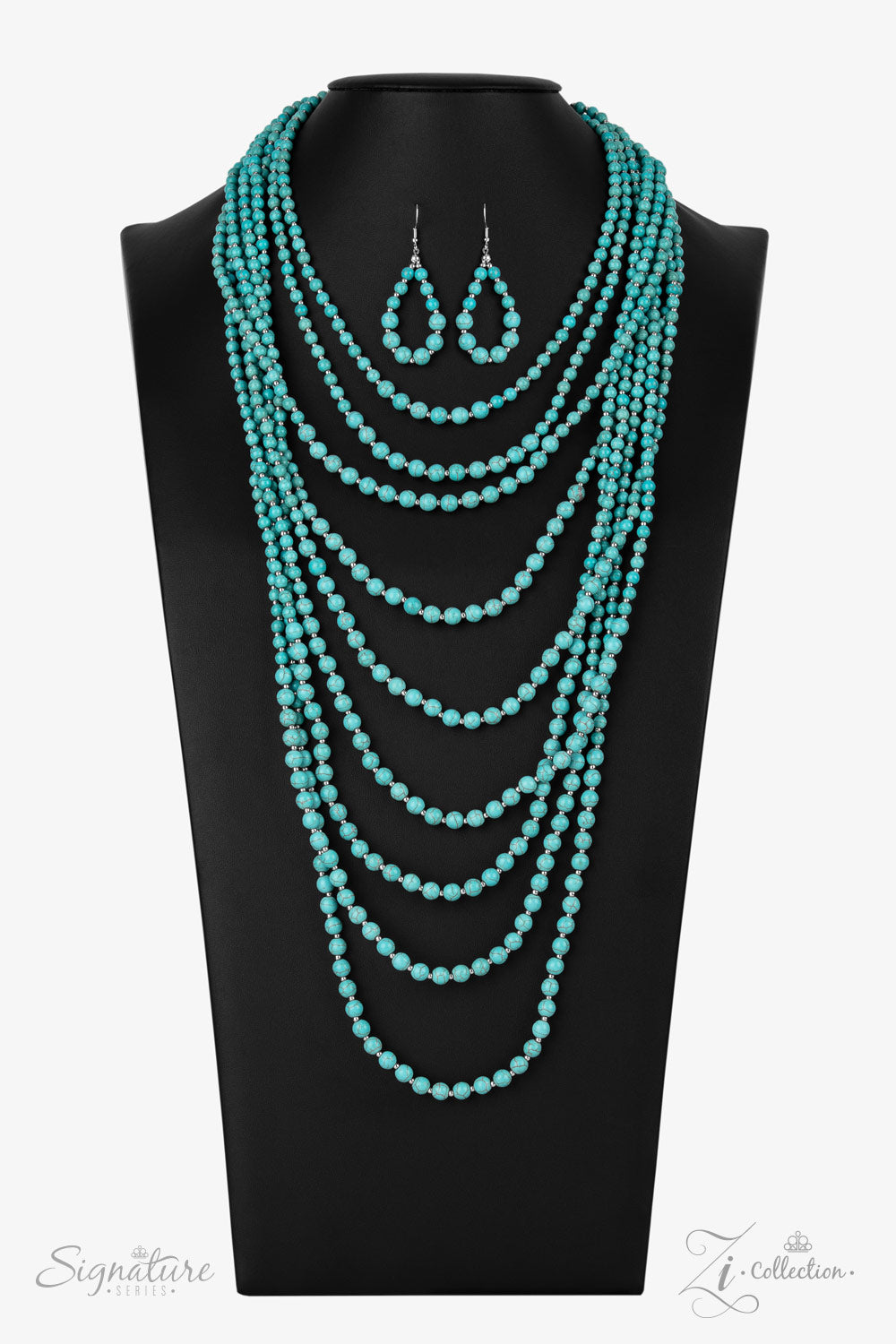 Intermixed with dainty silver beads, a groundbreaking display of refreshing turquoise stone beads gradually increases in size as they drape into artisan inspired layers down the chest. The trailblazing length combined with the authentic attitude of the piece creates an exaggerated, earthy statement. Features an adjustable clasp closure.   All Paparazzi Accessories are lead free and nickel free!
