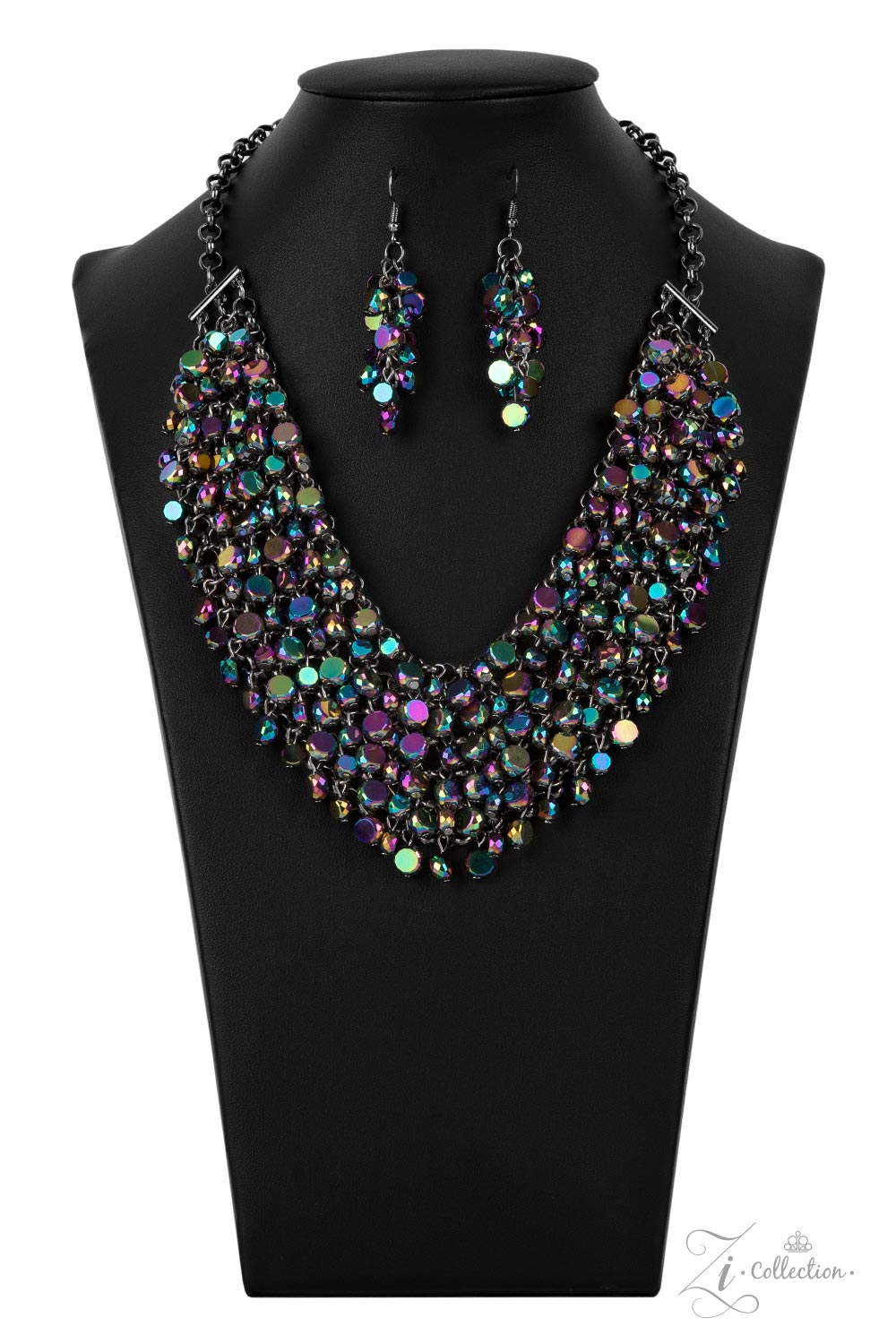 Vivacious 2021 Zi Collection Necklace - Paparazzi Accessories  Fiercely faceted oil spill beads flawlessly cascade from row after row of boldly interlocking gunmetal links that connect into an intense metallic netted backdrop. Attached to matching chunky gunmetal chains, the effervescently edgy display noisily swishes back and forth, creating an out-of-this-world fringe below the collar. Features an adjustable clasp closure.  Sold as one individual necklace. Includes one pair of matching earrings.