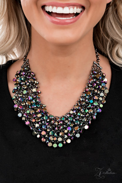 Vivacious 2021 Zi Collection Necklace - Paparazzi Accessories  Fiercely faceted oil spill beads flawlessly cascade from row after row of boldly interlocking gunmetal links that connect into an intense metallic netted backdrop. Attached to matching chunky gunmetal chains, the effervescently edgy display noisily swishes back and forth, creating an out-of-this-world fringe below the collar. Features an adjustable clasp closure.  Sold as one individual necklace. Includes one pair of matching earrings.