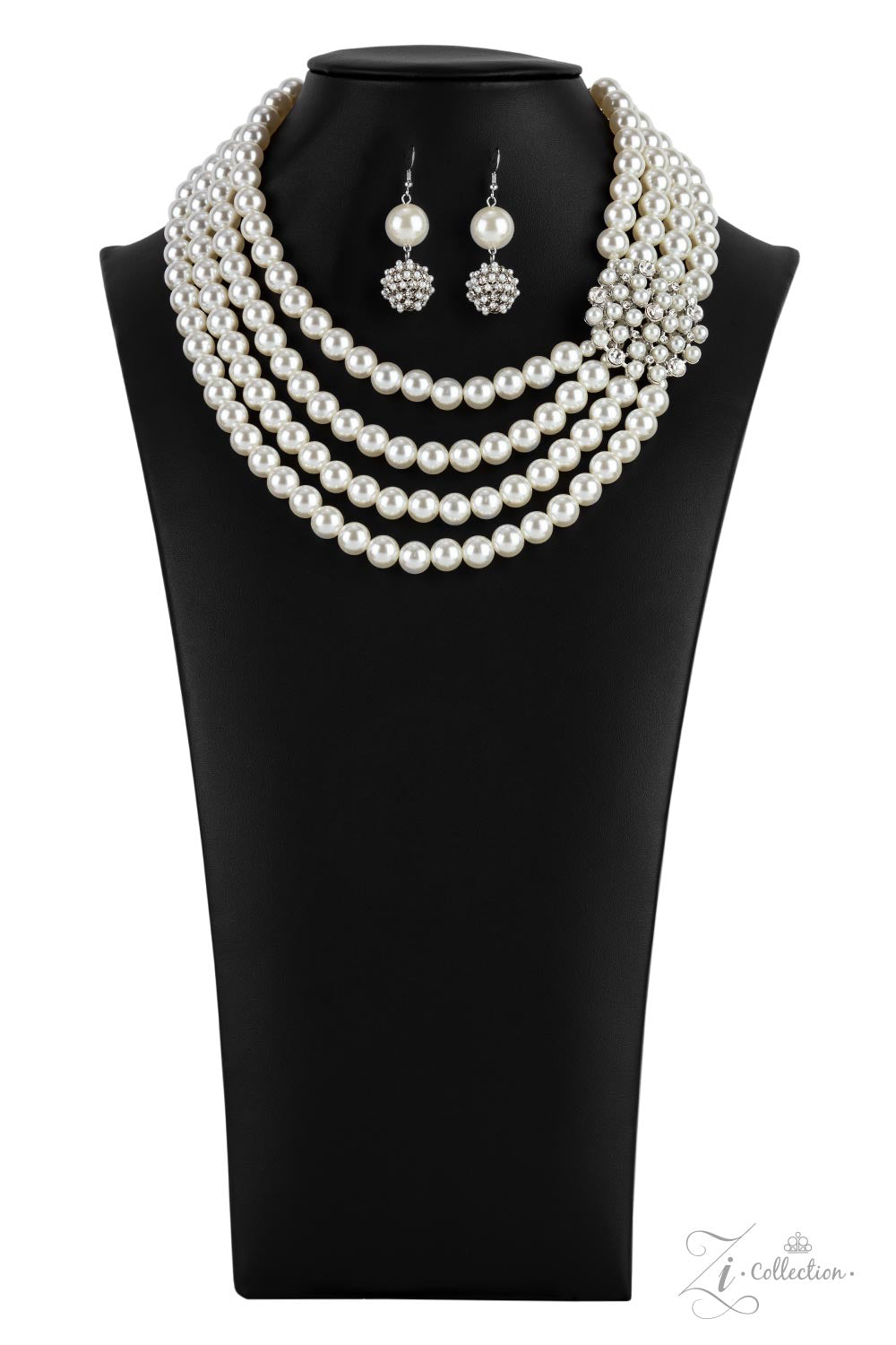Romantic 2021 Zi Collection Necklace - Paparazzi Accessories  Inspired by royalty, an elegant explosion of classic white rhinestones and timeless pearls delicately coalesces into a vintage brooch. The refined ornament delicately holds together strands of oversized pearls, creating romantically regal layers below the collar. Features an adjustable clasp closure.  Sold as one individual necklace. Includes one pair of matching earrings.