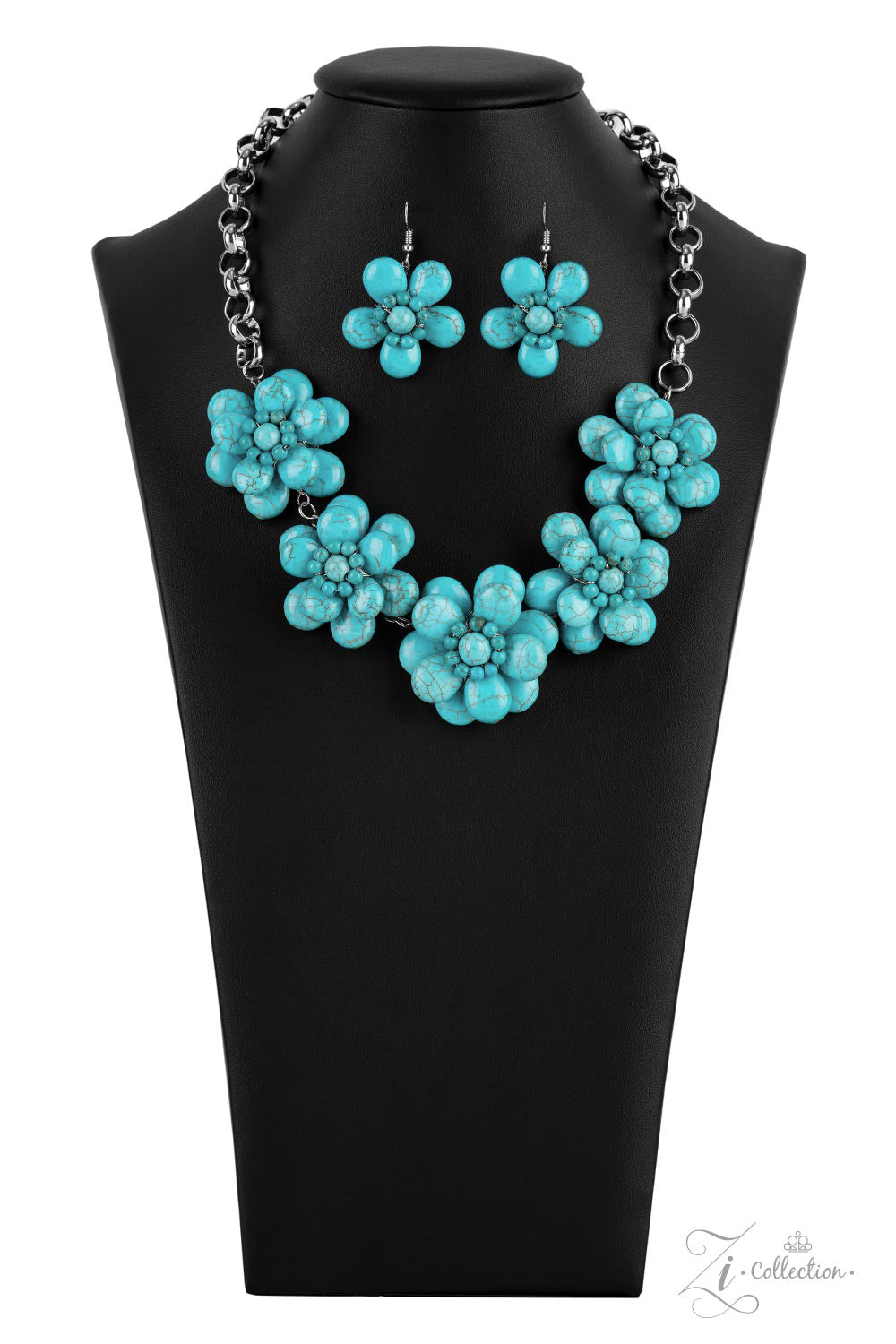 Genuine 2021 Zi Collection Necklace - Paparazzi Accessories  Dainty silver wire delicately wraps around earthy turquoise stone teardrop petals that beautifully layer into bountiful blossoms. Featuring turquoise stone beaded centers, the harmonious stone flowers gracefully connect to a substantial silver chain for an authentically artisan look below the collar. Features an adjustable clasp closure.  Sold as one individual necklace. Includes one pair of matching earrings.