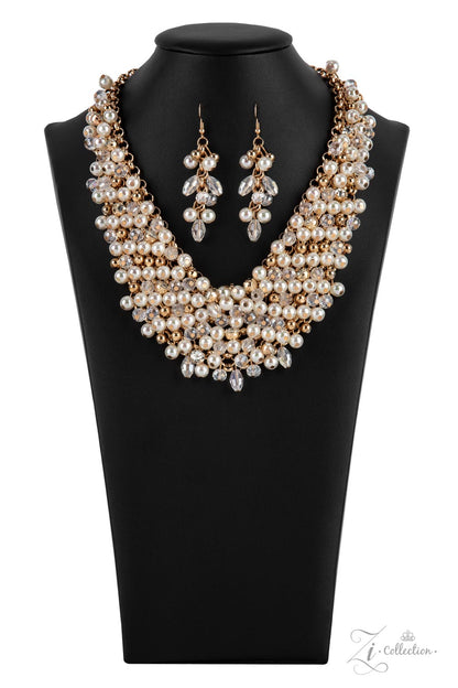 Sentimental 2021 Zi Collection Necklace - Paparazzi Accessories  Mesmerizingly mismatched crystal-like beads, white pearls, and classic white rhinestones delicately attach to a golden chain net below the collar. Jampacked with noise-making shimmer, the effervescently clustered fringe dances with each movement for an elegantly bubbly finish. Features an adjustable clasp closure.  Sold as one individual necklace. Includes one pair of matching earrings.