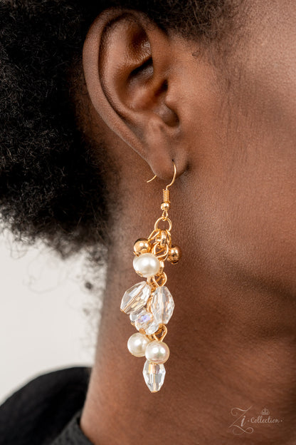 Sentimental 2021 Zi Collection Necklace - Paparazzi Accessories  Mesmerizingly mismatched crystal-like beads, white pearls, and classic white rhinestones delicately attach to a golden chain net below the collar. Jampacked with noise-making shimmer, the effervescently clustered fringe dances with each movement for an elegantly bubbly finish. Features an adjustable clasp closure.  Sold as one individual necklace. Includes one pair of matching earrings.