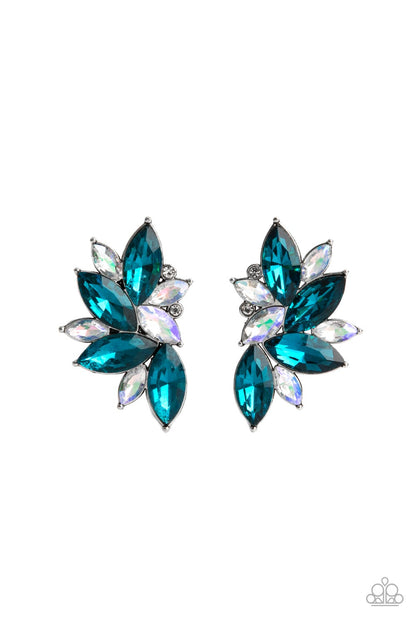 Instant Iridescence Blue Earring - Paparazzi Accessories  Infused with dainty white rhinestones, a stellar display of blue and iridescent marquise cut rhinestones fan out into a spectacular centerpiece. Earring attaches to a standard post fitting.  Sold as one pair of post earrings.