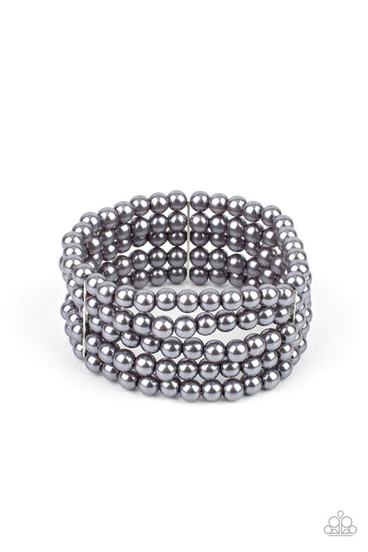 A Pearly Affair Silver Bracelet - Paparazzi Accessories  Stacked layers of luminous grey pearl-like beads are threaded along stretchy bands creating a subtly indulgent allure around the wrist.  All Paparazzi Accessories are lead free and nickel free!  Sold as one individual bracelet.