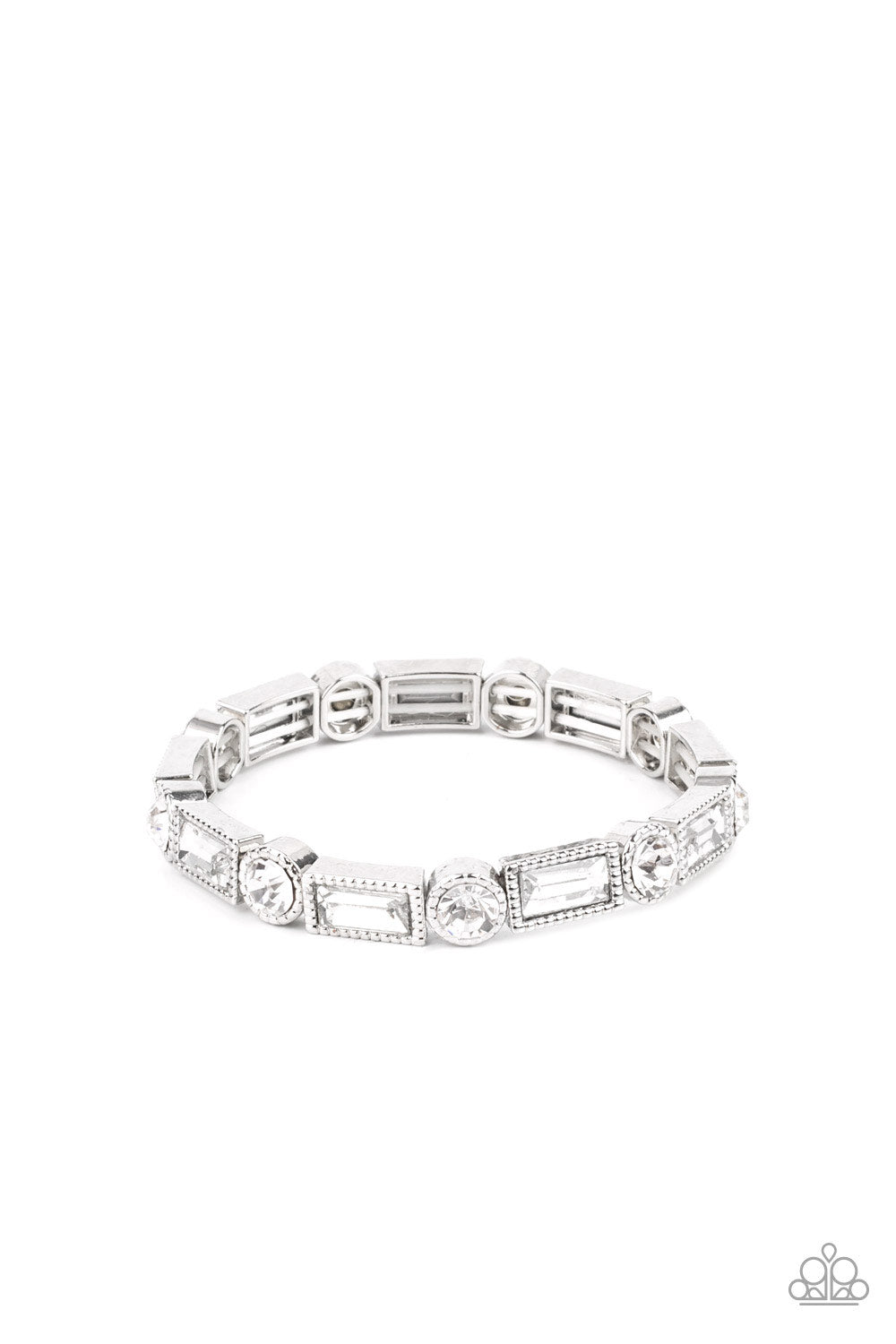 Classic Couture White Bracelet - Paparazzi Accessories  Classic round and baguette-cut rhinestones set in shiny dotted silver frames alternate around the wrist on stretchy bands for a shimmering finish.  Sold as one individual bracelet.