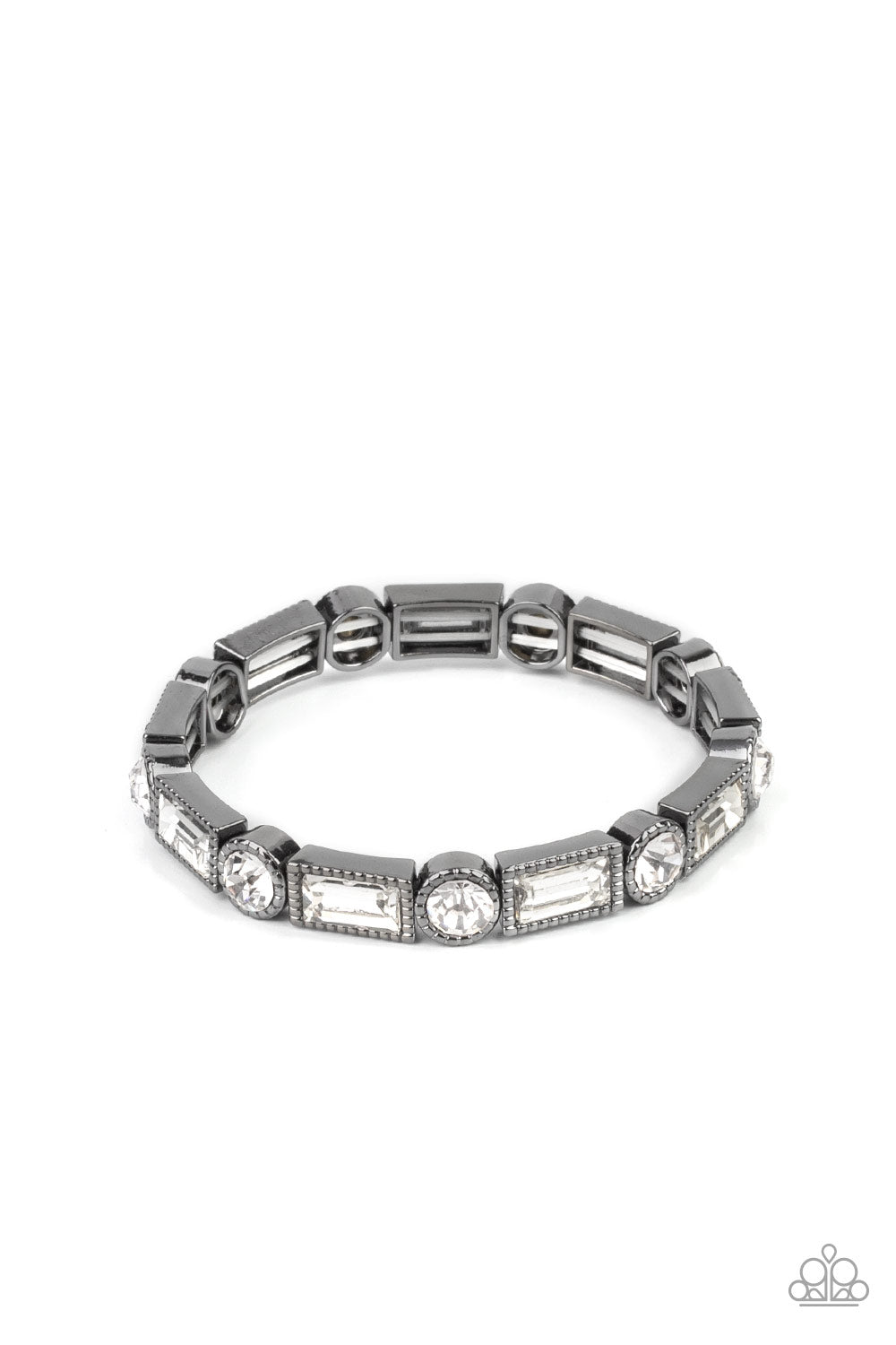 Classic Couture Black Bracelet - Paparazzi Accessories  Classic round and baguette-cut rhinestones set in shiny dotted gunmetal frames alternate around the wrist on stretchy bands for a shimmering finish.  Sold as one bracelet.