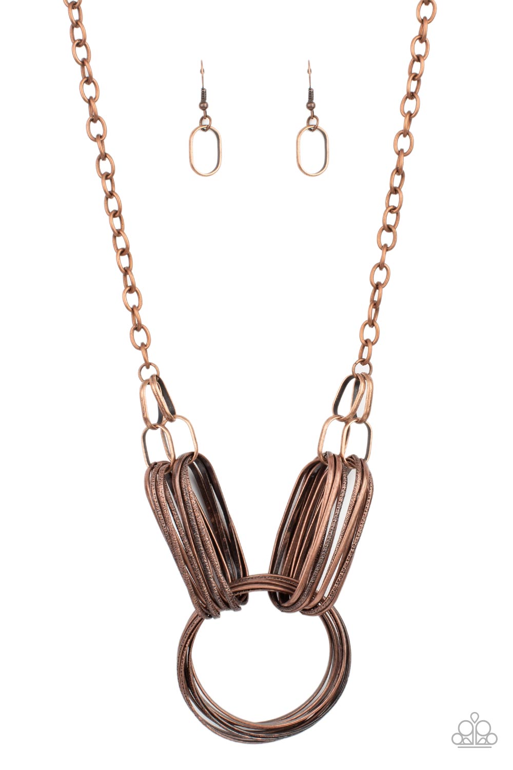 Lip Sync Links Copper Necklace - Paparazzi Accessories  Layers of oblong copper links attach to a collection of oversized antiqued copper rings creating a dramatic centerpiece. Attached to a copper chain, the rustic links create an unconventionally edgy statement below the collar. Features an adjustable clasp closure.  Sold as one individual necklace. Includes one pair of matching earrings.