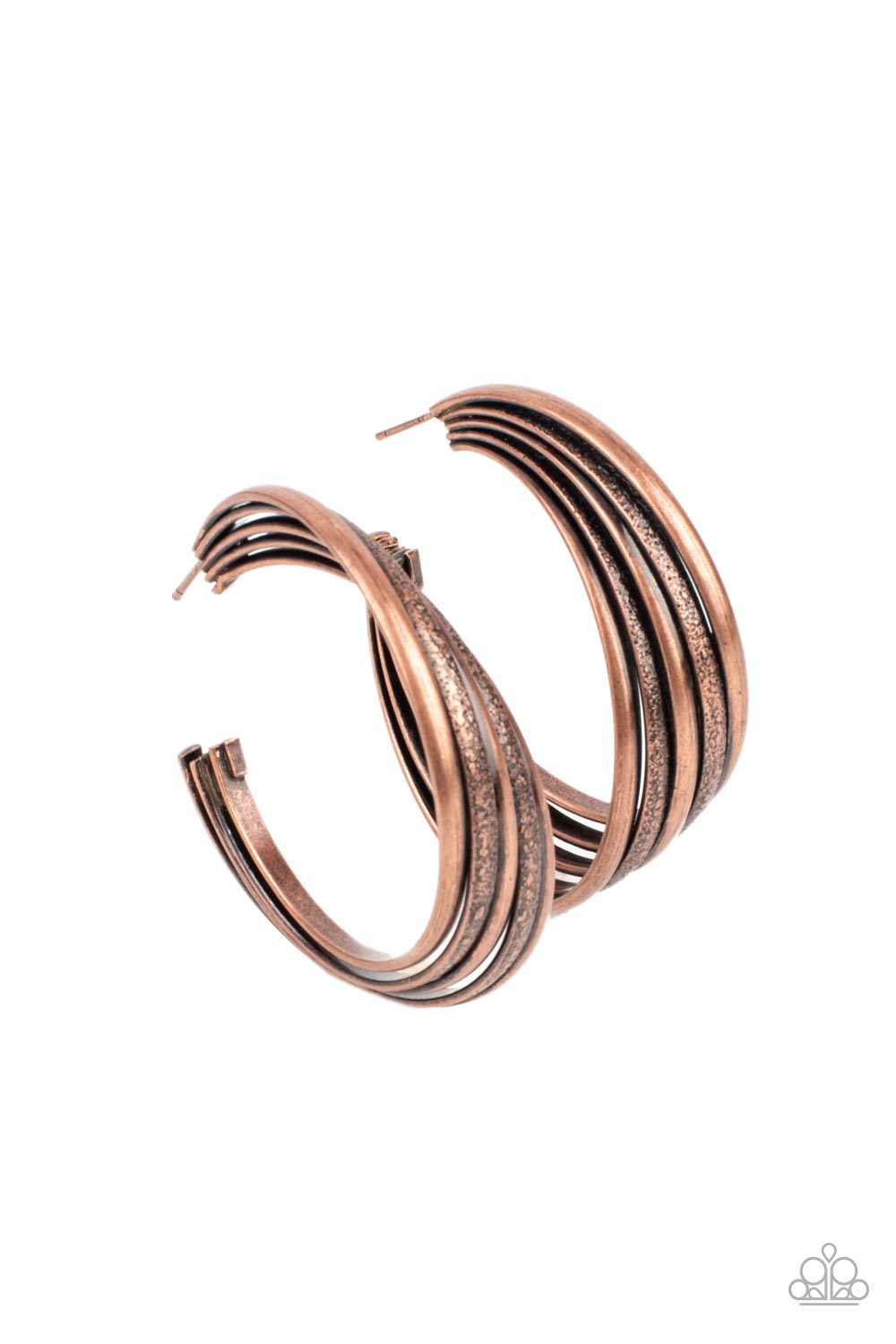 In Sync Copper Hoop Earring - Paparazzi Accessories  Antiqued textured copper rings alternate with shiny rings as they fuse together creating a curvy ribbon of rustic drama as they wrap around behind the ear. Earring attaches to a standard post fitting. Hoop measures approximately 2" in diameter.  Sold as one pair of hoop earrings.