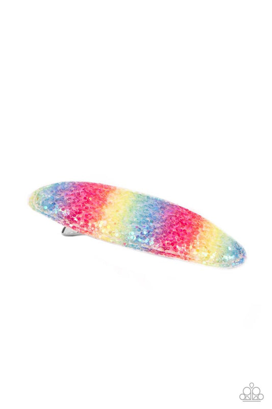 Rainbow Pop Summer Multi Hair Clip - Paparazzi Accessories  A glittering rainbow of vibrant colors creates a sparkling summertime vibe. Features a standard hair clip on the back.  All Paparazzi Accessories are lead free and nickel free!  Sold as one individual hair clip.