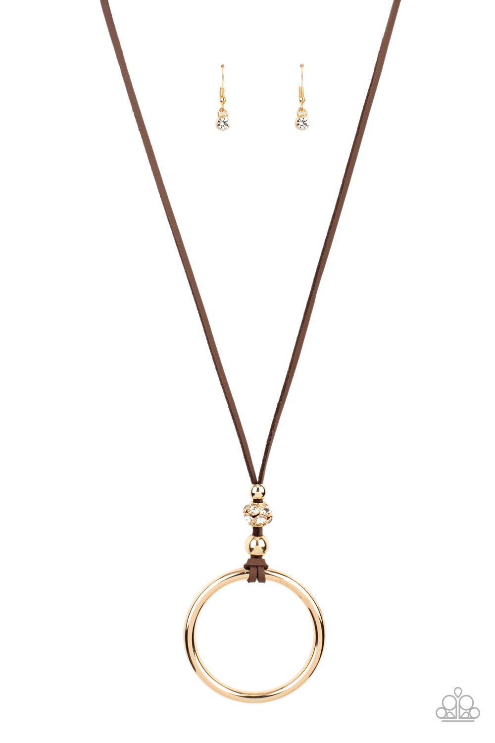 BLING Into Focus Brown Necklace - Paparazzi Accessories  Infused with pair of classic gold beads and a white rhinestone encrusted accent, lengthened brown leather cording knots around a bold gold hoop for a knockout look. Features an adjustable clasp closure.  Sold as one individual necklace. Includes one pair of matching earrings.