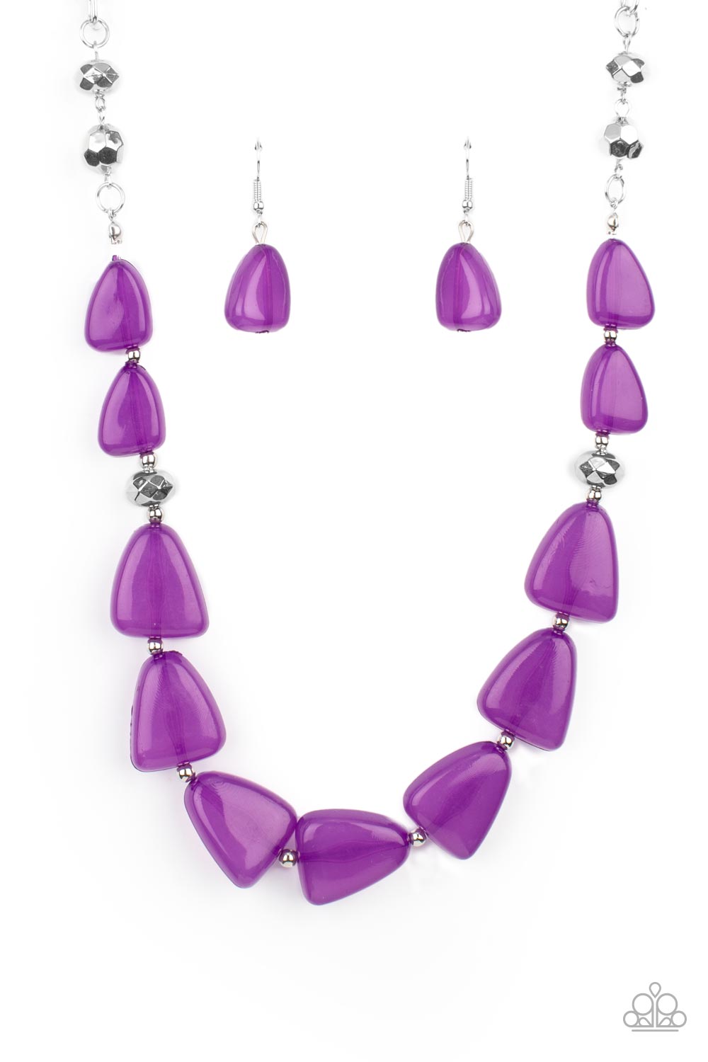 Tenaciously Tangy Purple Necklace - Paparazzi Accessories  Infused with dainty silver and faceted silver beads, imperfect triangular opaque purple beads are threaded along an invisible wire below the collar for a vivacious pop of color. Features an adjustable clasp closure.  Sold as one individual necklace. Includes one pair of matching earrings.