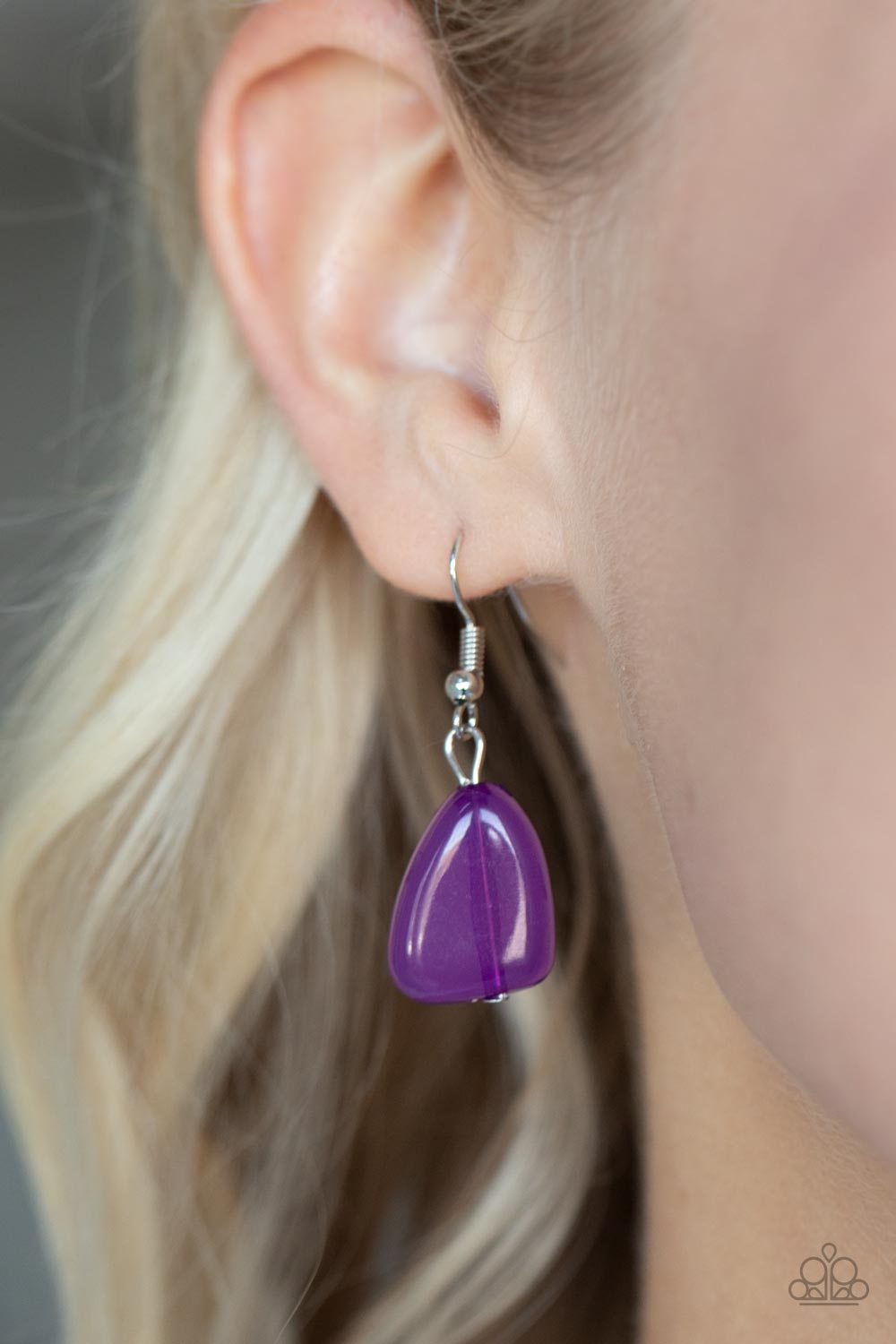Tenaciously Tangy Purple Necklace - Paparazzi Accessories  Infused with dainty silver and faceted silver beads, imperfect triangular opaque purple beads are threaded along an invisible wire below the collar for a vivacious pop of color. Features an adjustable clasp closure.  Sold as one individual necklace. Includes one pair of matching earrings.