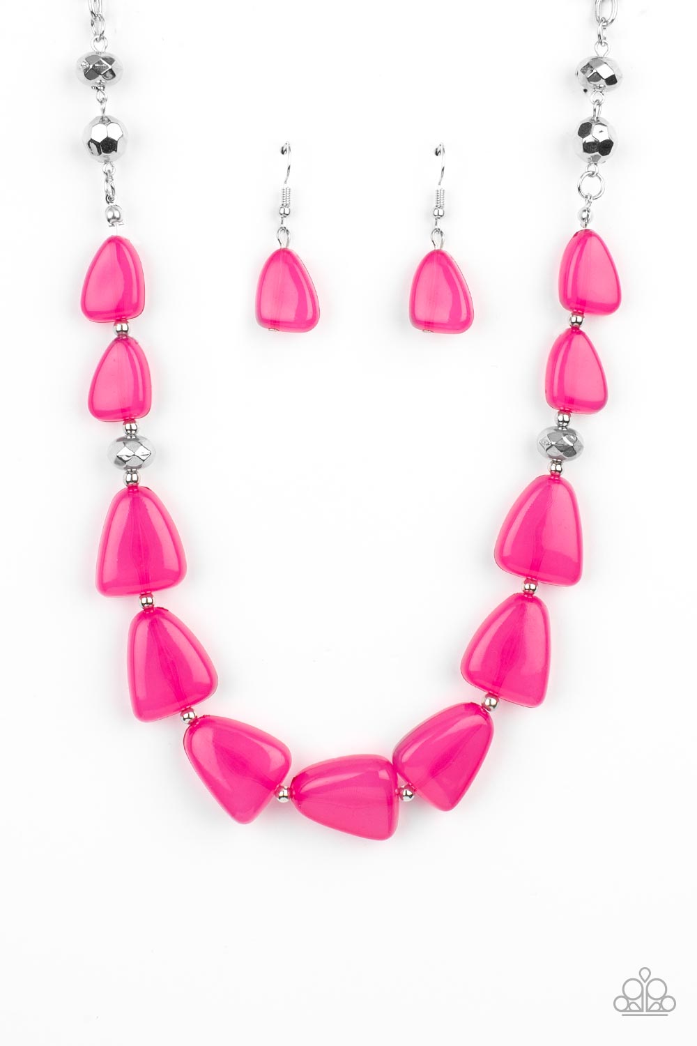 Tenaciously Tangy Pink Necklace - Paparazzi Accessories  Infused with dainty silver and faceted silver beads, imperfect triangular opaque Fuchsia Fedora beads are threaded along an invisible wire below the collar for a vivacious pop of color. Features an adjustable clasp closure.  Sold as one individual necklace. Includes one pair of matching earrings.