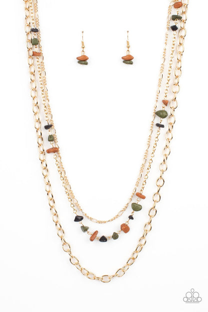 Artisanal Abundance Multi Necklace - Paparazzi Accessories  Infused with sections of earthy brown, black, and green stones, a trio of mismatched gold chains layer down the chest for a dash of rustic refinement. Features an adjustable clasp closure.  All Paparazzi Accessories are lead free and nickel free!   Sold as one individual necklace. Includes one pair of matching earrings.