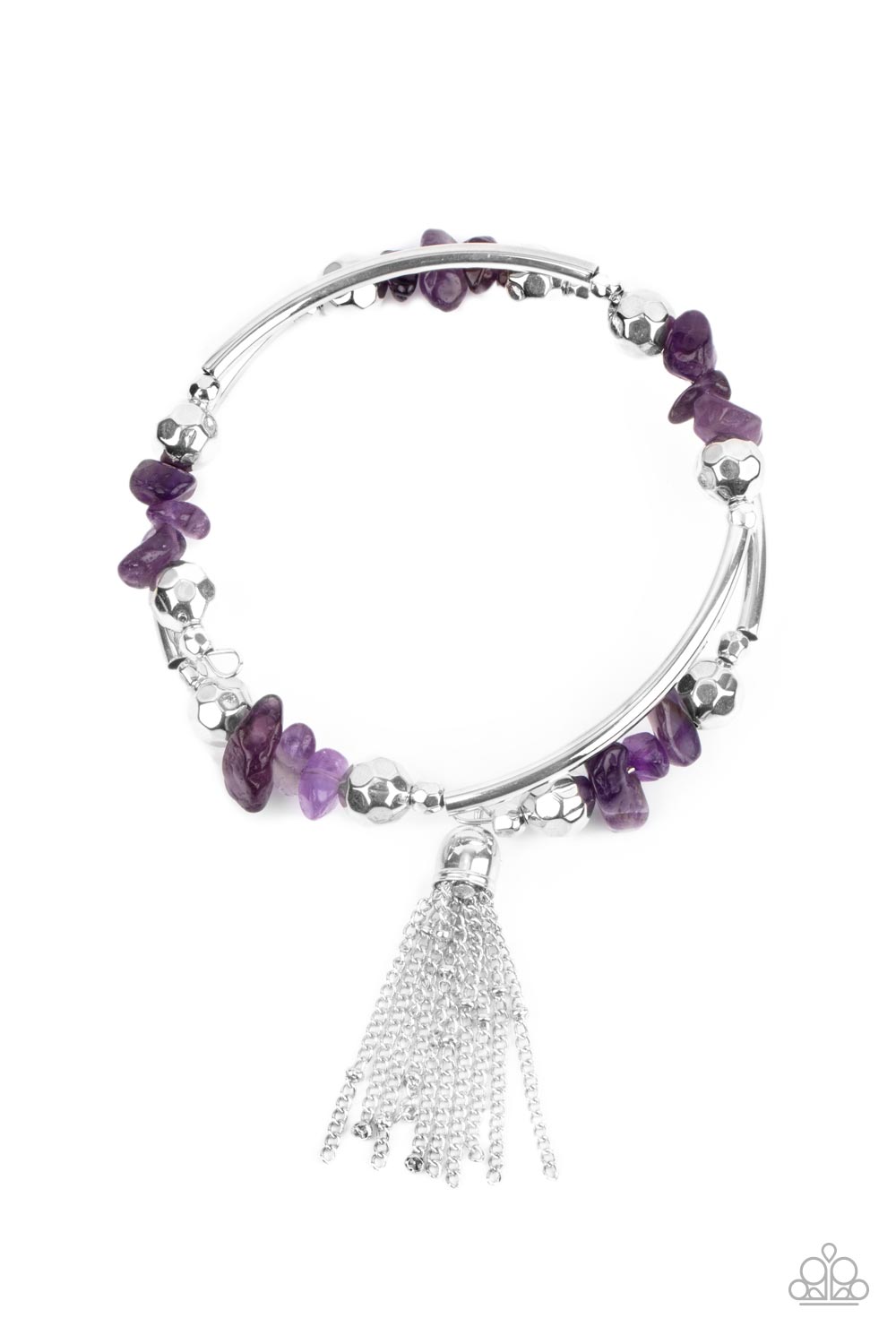 Mineral Mosaic Purple Coil Bracelet - Paparazzi Accessories  Infused with a shimmery silver chain tassel, an earthy collection of faceted silver beads, raw cut amethyst stone beads, and cylindrical silver accents are threaded along a coiled wire around the wrist for a grounding pop of color.  All Paparazzi Accessories are lead free and nickel free!  Sold as one individual bracelet.
