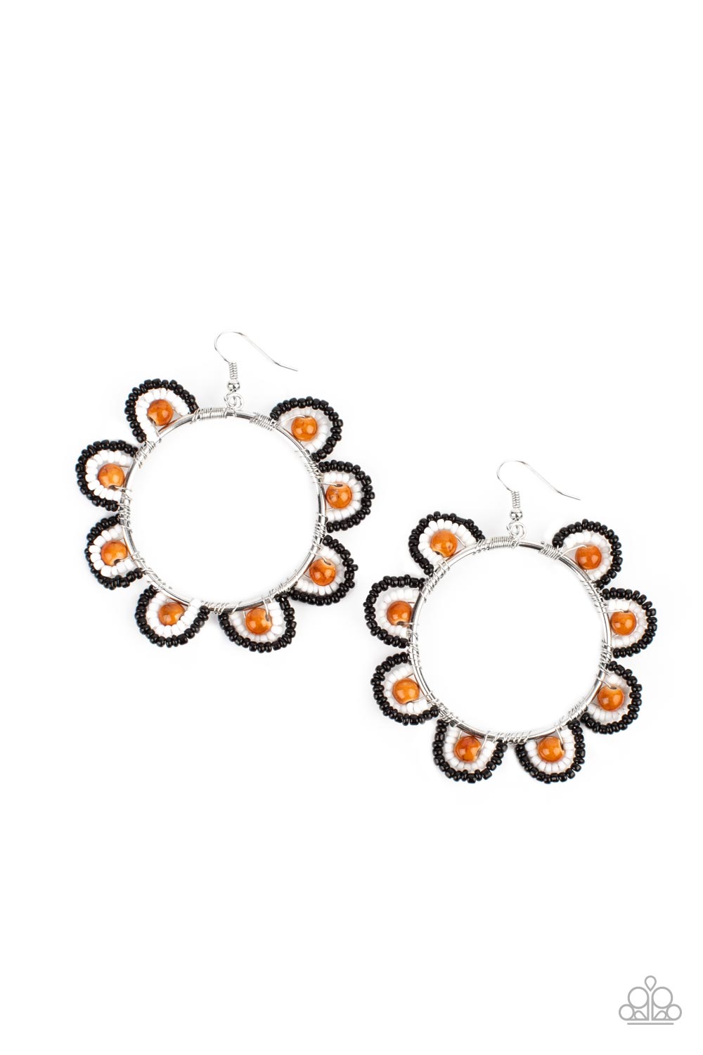 Groovy Gardens Brown Seed Bead Earring - Paparazzi Accessories  Infused with earthy brown stone bead centers, rows of black and white seed beads are threaded along dainty wires along the outside of a shiny silver hoop for a vivacious floral look. Earring attaches to a standard fishhook fitting.  Sold as one pair of earrings.